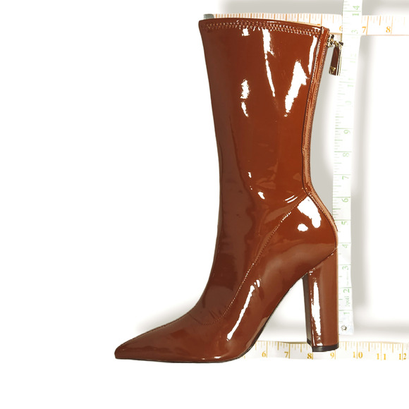 NWOB Guess Abbale Patent Pointed Toe Mid-Calf Block Heel Boots Sz. 7.5M Caramel - Picture 9 of 9